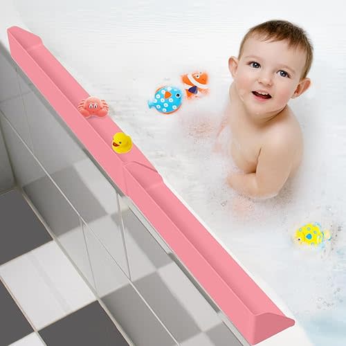 Splash Guard for Bathtub, 3.8" x 3.6" Silicone Bath Tub Splash Guard with 6 Suction Cups, Bathtub SplashGuard Play Shelf Area for Kids with 3°Drainage Slope for Faster Drying - 2 Packs Pink