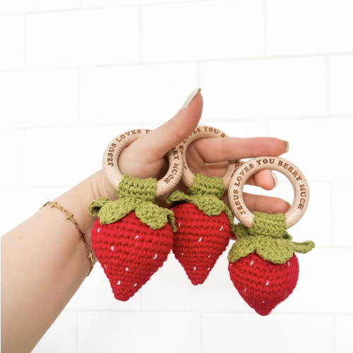 Jesus Loves You Berry Much Strawberry Knitted Teether Rattle