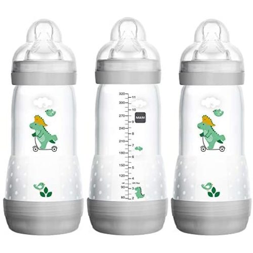 MAM Easy Start Anti-Colic Bottle 11 oz (3-Count), Baby Essentials, Fast Flow Bottles with Silicone Nipples, Unisex Baby Bottles, Designs May Vary