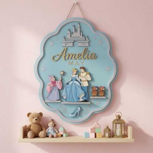 Disney Cinderella Castle Name Plaque, Custom Two Layer Wooden Sign for Girls Room, Personalized Princess Door Decor, Nursery Wall Keepsake