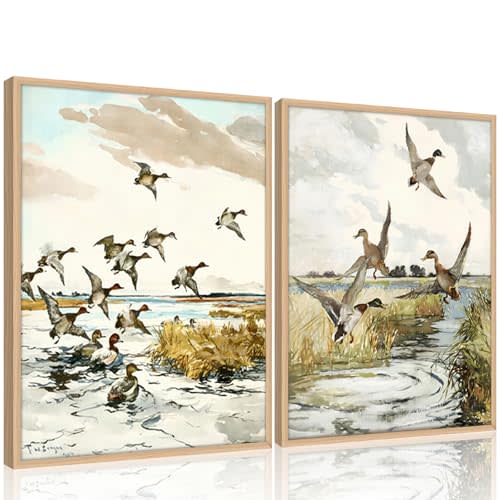Framed Vintage Duck Wall Art Set of 2 Rustic Mallards Marsh Landscape Canvas Prints Country Cottage Wall Decor Retro water bird Nature Painting Pictures for Living Room Bathroom Cabin 12x16Inch