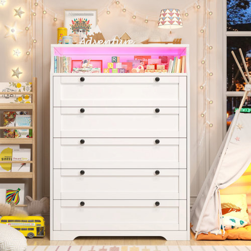 Ivy Bronx 5 Tall Wood Dresser For Bedroom With Led Light And Open Shelves & Reviews | Wayfair