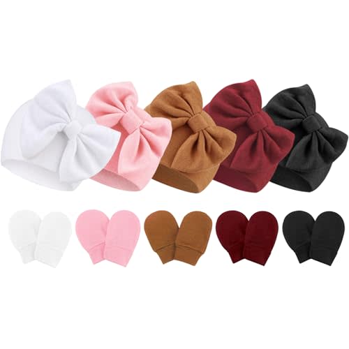 Newborn Baby Hats and Mittens Set Infant Bow Beanie Cap Toddler Gloves Newborn Hospital Hats for Baby Boy Girl 0-6 Months