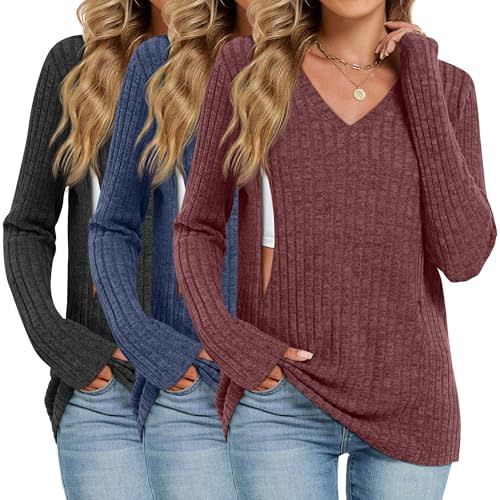 Oakgarden 3 Pack Women's Maternity Nursing Tops, V Neck Breastfeeding Sweaters Long Sleeve Hidden Zipper Shirts