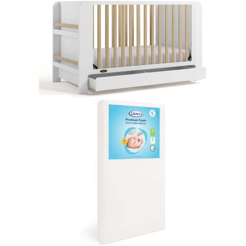 Graco Read-with-Me 4-in-1 Convertible Crib and Premium Crib & Toddler Mattress Bundle, White with Driftwood