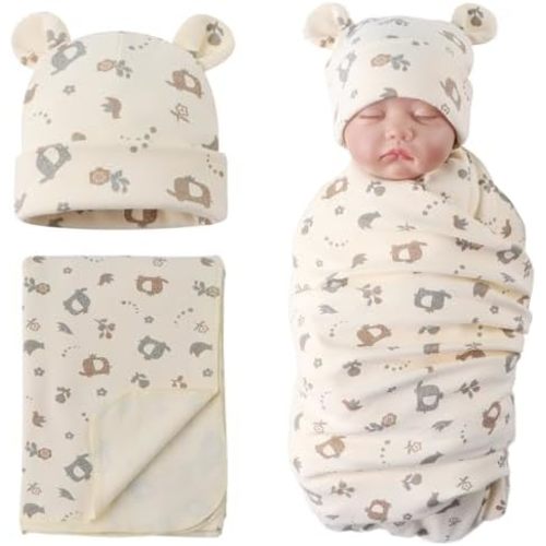 PESAAT Cotton Baby Swaddle Hat Set Newborn Infant Hats Receiving Blankets for Baby Boys Girls