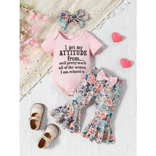3pcs Infant Girls' Cute Ribbed Letter Print Romper + Floral Print Flare Pants + Headband Set