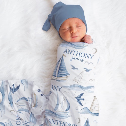 Personalized Nautical Swaddle Blanket Blue Boat Name Baby Blanket Newborn Baby Boy Coming Home Outfit Hospital Photo Outfit Baby Shower Gift