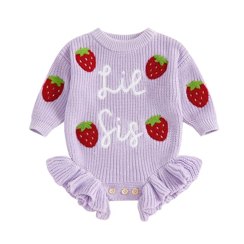 mlpeerw Little Sister Newborn Outfit Baby Girl Knit Sweater Romper Strawberry Embroidery Onesie Cute Fall Winter Clothes