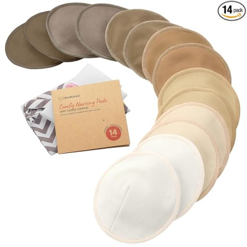 Organic Nursing Pads - 14 Washable Breast Pads for Breastfeeding, Wash Bag, Viscose Derived from Bamboo Reusable Nipple Covers for Breastfeeding Essentials, Soft & Absorbent (Coffee, L 4.8")