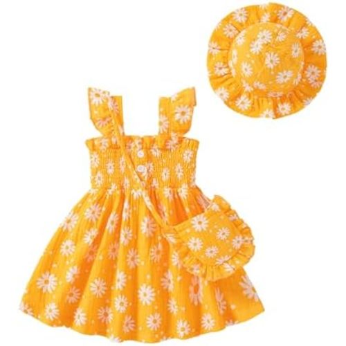Vibebox Baby Girl Ruffle Sleeveless Dresses Newborn Girls Summer Button Dress Birthday Gifts Clothes with Cute Hat and Bag