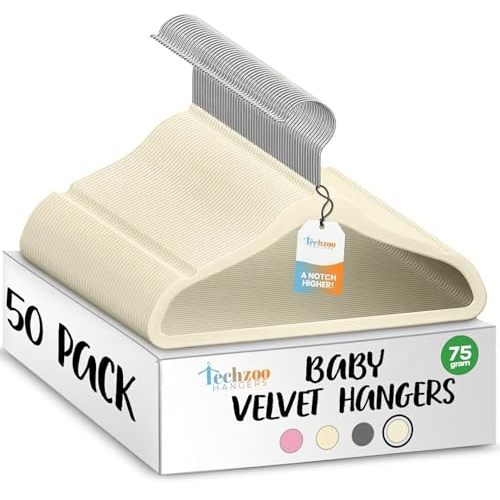 TechZoo 50 Premium Baby Velvet Hangers - 11.8" Non-Slip, Ultra-Slim Space-Saving Children Closet Hangers - 360 Swivel Hook, Strong & Durable Infant & Toddler Clothes Hangers for Wardrobe - Ivory