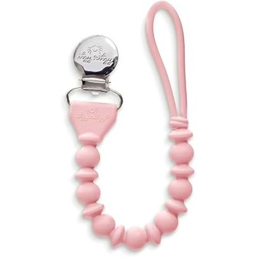 Itzy Ritzy Silicone Pacifier Clip; 100% Food Grade Silicone Pacifier Strap with Clip Keeps Pacifiers, Teethers & Small Toys in Place; Features One-Piece Design & Cord (Pink with Silver Clasp)