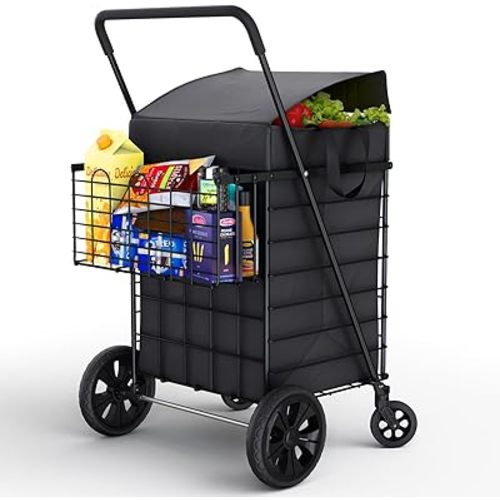 Shopping Cart w/Waterproof Basket Liner & 360° Swivel Wheels | Foldable Collapsible & Lightweight | Perfect for Groceries Laundry Utility Cart - Black