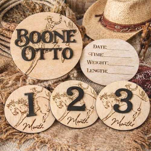 Western Nursery Wood Milestone Discs, Cowboy Baby Name Announcement Sign