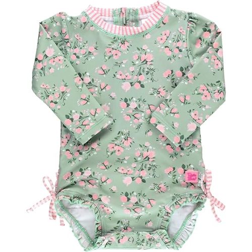 RuffleButts Baby Girls UPF 50+ Sun Protection Floral Printed Long Sleeve One Piece Rash Guard Swimsuit with Zipper