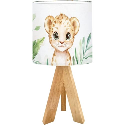 Cute Kids Bedside Desk Table Lamp Cute Animal Jungle Baby Leopard Green Foliage Large Eyes Light Fur Children Nightstand Lamp, Tripod Small Night Lights Linen for Nursery Room Bedroom Dorm Decor