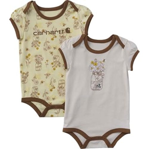 Carhartt Baby Girls' 2-Pack Puff-Sleeve Printed Bodysuits, Beige Bee Print, 18 Months