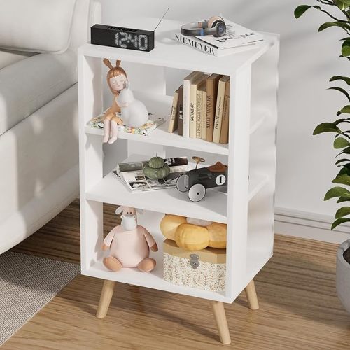 Night Stand, White Nightstand, Modern End Table with Open Storage, 3-Tier Wooden Bedside Table for Small Space, Living Room, Bedroom