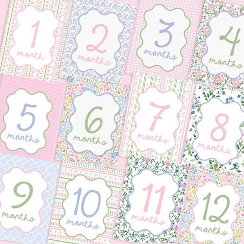 Monthly Milestone Cards: Pastel Floral Baby Girl (12 Double-Sided)