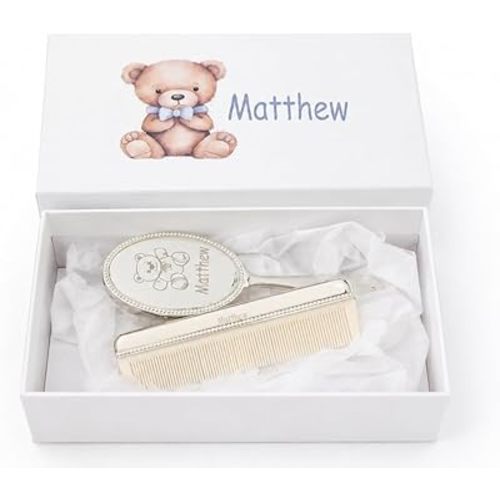 Engraved Silver-Plated Bear Brush & Comb Set – Newborn Grooming Kit, Soft Bristle Hairbrush, Custom Baby Keepsake Gift for Baby Shower, Christening, Baptism.