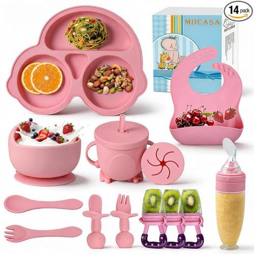 Silicone Baby Feeding Set,Miicasa Baby Led Weaning Supplies Kit With Suction Bowl & Car Plate, Bib, Spoon, Fork, Cup - Food-Grade Silicone, Dishwasher-Safe, No BPAs - For 3+ Months