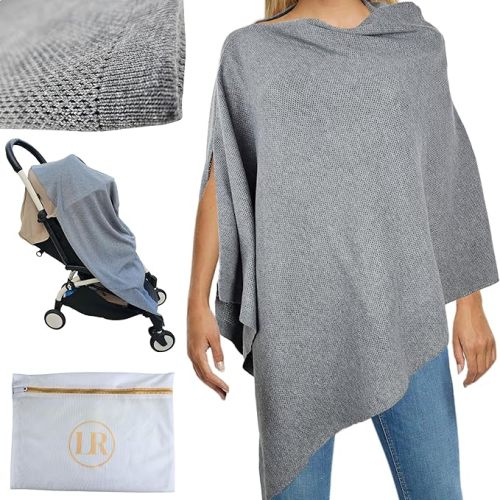 Little Rou Nursing Cover for Breastfeeding, Breathable Organic Cotton & Cashmere Poncho, Privacy Peekaboo Feature, Soft Breast Feeding Shawl for Women – Includes Laundry Bag (Grey)
