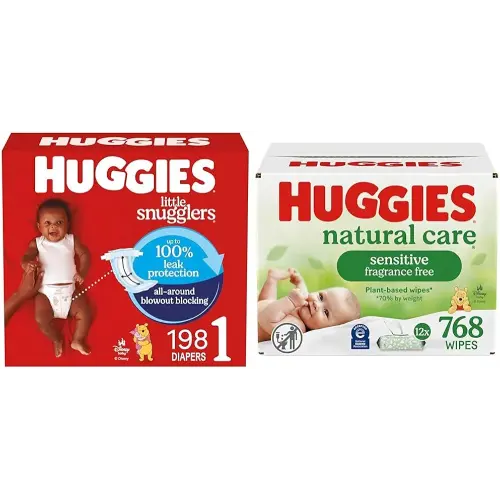 Little Snugglers Bundle: Huggies Little Snugglers Baby Diapers, Size 1 (8-14 lbs), 198 Count & Huggies Natural Care Sensitive Baby Wipes, 768 Count (12 Packs of 64)