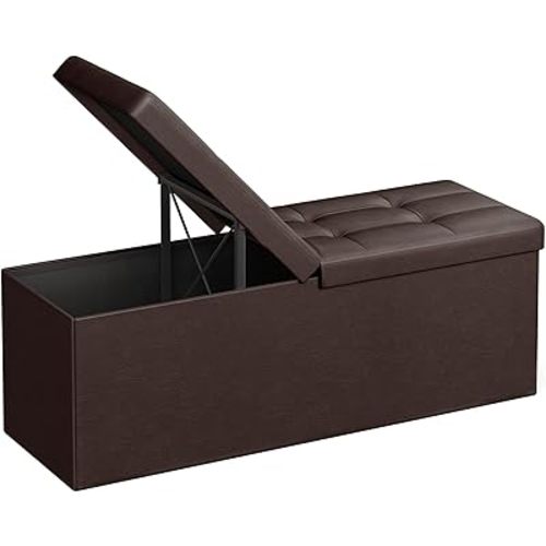 SONGMICS MAZIE Collection - 43 Inches Storage Ottoman Bench with Flipping Lid, Storage Chest with Iron Frame Support, Load 660 lb, for Living Room, Bedroom, Synthetic Leather, Brown ULSF75BR