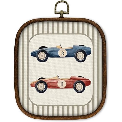 WULQYING Vintage Race Car Nursery Wall Art Decor, Retro Boys Room Square Framed Canvas Art Prints, Racing Gift for Boys Wall Hanging Decor for Home Kids Playroom Boy Bedroom, 5.7x6.5 Inches