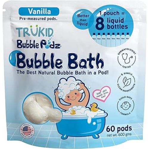 TruKid Bubble Podz Bubble Bath for Kids, Toddlers, & Babies, Tear Free Gentle & Refreshing Bath Bomb for Sensitive Skin with Natural Moisturizers, Non-Toxic, pH Balanced, Vanilla Scent (60 Podz)