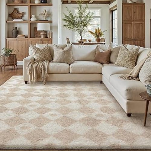 Beige 8x10 Area Rug for Living Room Washable Non Slip Neutral Soft Bedroom Checkered Carpet Fluffy Modern Shag Fuzzy Indoor Large Aesthetic Bedroom Home Office Playroom Nursery