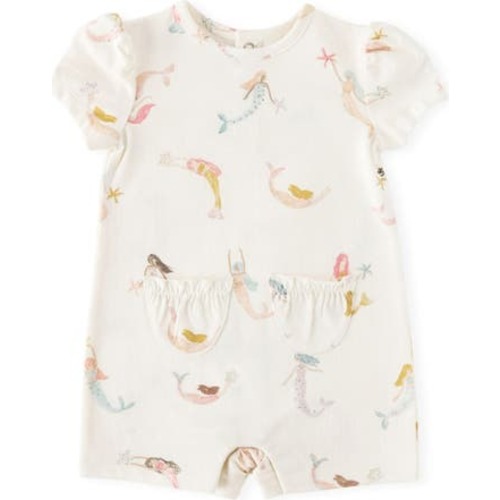 Mermaid Melody Puff Sleeve Organic Cotton Romper, 3-6M