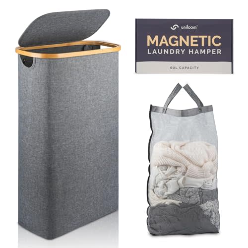 uniloom Slim Laundry Hamper with Lid & Bamboo Rim - 60L Waterproof Oxford Narrow Laundry Basket with Removable Bag & Long Handle - Sturdy Dirty Clothes Hamper with Lid & Magnetic Mesh Bag - Grey