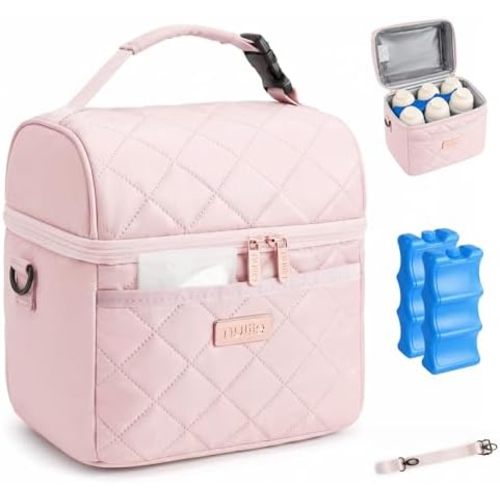 Nuliie Breastmilk Cooler Bag with 2 Ice Packs, Fits 6 Baby Bottles Up to 10 Ounce, Four Layer Insulated Baby Bottle Bag for Daycare, Breast Milk Cooler with Pocket, Strap & Buckle, Waterproof, Pink