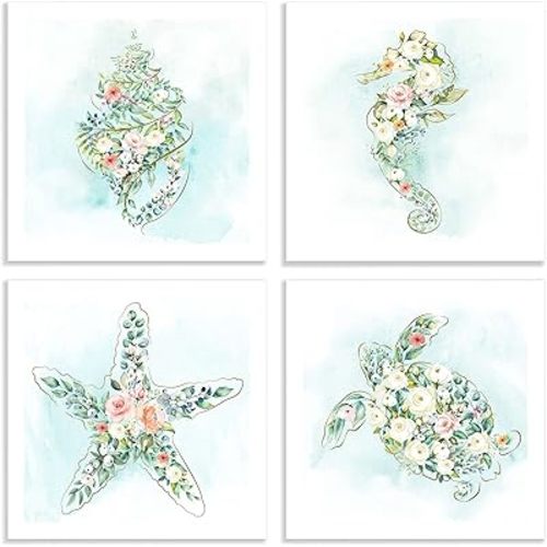 Color Play Ocean Life Print Art Set: 4 Pieces Sea Animal Pictures Shell Seahorse Starfish Turtle Artwork for Home Wall Decor Unframed 10 x 10 Inches