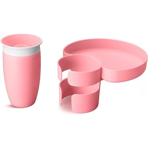 Munchkin Carseat Tray with Miracle 360 Sippy Cup for Toddlers 1-3 - Travel & Road Trip Accessory for Kids, Mess-Free Snacking and Spill Proof Drinking in The Car, Pink
