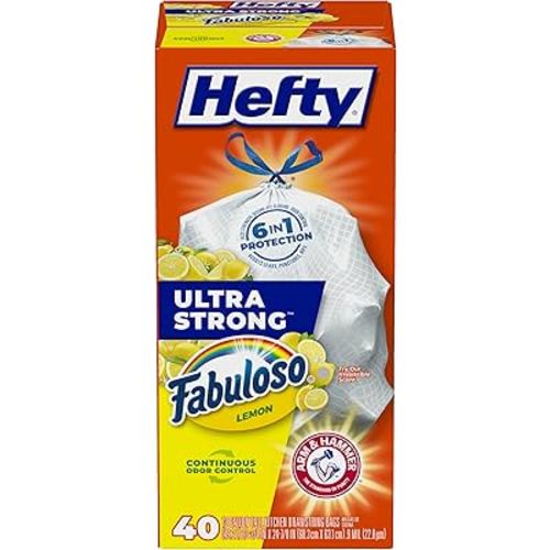 Hefty Ultra Strong 13 Gallon Trash Bags, Tall Kitchen Trash Bags 13 Gallon Size, Resist Leaks, Punctures, and Rips, Continuous Odor Control, White, Fabuloso Lemon Scent, 40 Bags