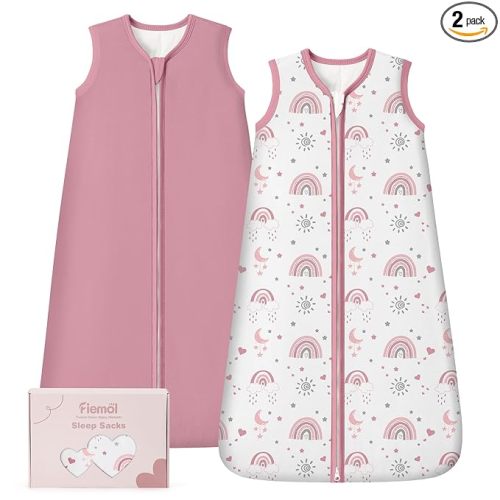 Rayon Made from Bamboo Baby Sleep Sack 6-12 Months, 1.0 Tog Baby Wearable Blanket, Soft Sleeping Bag for Newborn Infant Babies with 2-Way Zipper 2 Pack (Medium) Pink Rainbow