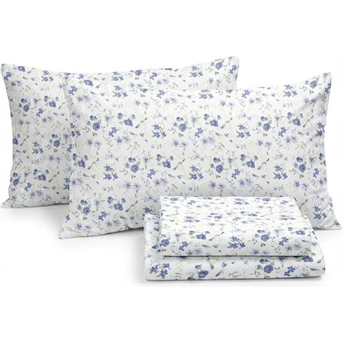 Linen Market Patterned Microfiber Full Sheet Set 4 Piece – Oeko-TEX Certified Ultra Soft & Wrinkle-Free - 16" Deep Pocket Sheets - Easy Care Full Size - Blossoms Light Blue