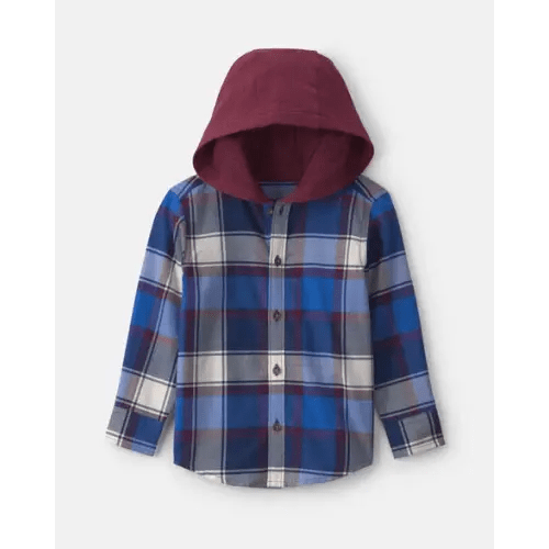 Toddler Boy Plaid Long-Sleeve Button-Down Hooded Shirt - Blue/Burgundy | Carter's