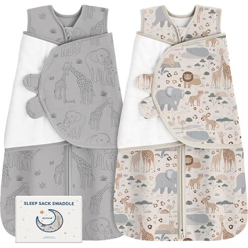 Unnivoll Newborn Sleep Sack Swaddle 100% Cotton Baby Swaddle 0-3 Months, 3-Way Adjustable Wearable Blanket, TOG 0.5, 2 Pack for Baby Boy Girl Apricot Gray Elephant