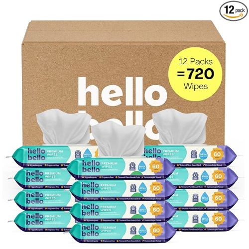 Hello Bello Premium Fragrance-Free Baby Wipes, with Chamomile & Aloe Extracts for Sensitive Skin - 12 Resealable Packs = 720 Total Wipes