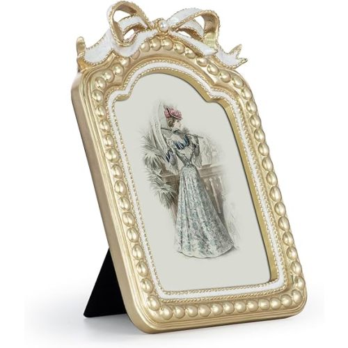 GUOER Vintage 5x7 Picture Frame with Bow Antique Ornate Table Top and Wall Mounting Photo Frame with High Definition Glass Front for Home Decor, Photo Gallery, Art(5x7, Gold)