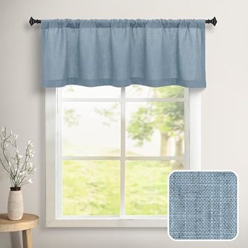 DANCURTON Stone Blue Sheer Valance for Window Kitchen 18 Inch Length Pocket Country Farmhouse Semi Privacy Linen Curtain for Boys Kids Bedroom Short Valance for Small Window Bathroom Blue Grey