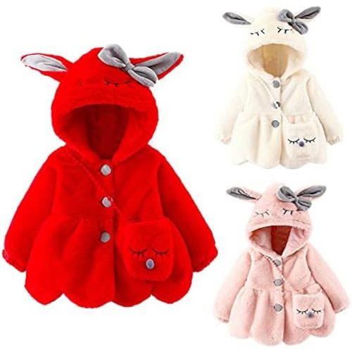 Infant Baby Girls Winter Faux Fur Coat Bunny Ear Hooded Fleece Thick Warm Jacket with Bag Cute Fuzzy Outerwear Set