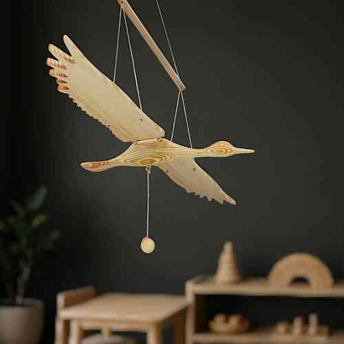 Montessori Wooden Stork / Crane Mobile – Natural Pine Bird with Flapping Wings – 31.5" Wingspan – Eco Finish, Handmade in Ukraine