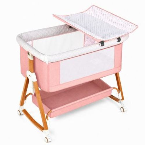 Kmaier Baby Bassinet Foldable Portable Bedside Crib,Storage Basket Breathable Mesh,Pink