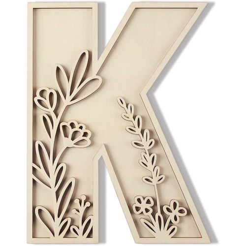 Layered 12 Inch Large Wooden Letters for Wall Decor, Flowered Paintable Wooden Nursery Letters for Crafts Wood Alphabet Letter K for Birthday Boho Nursery Name Sign Wedding Home Decoration