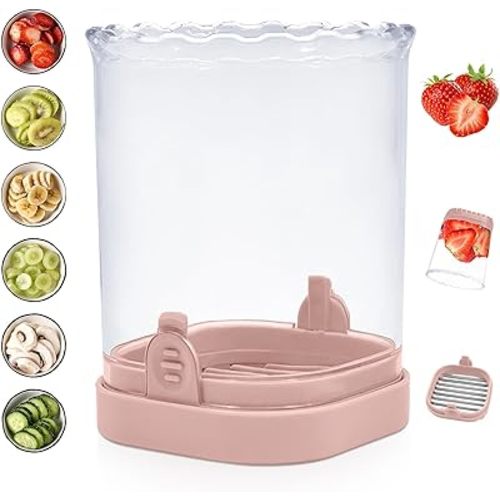 New Fruit Slicer Cup - Strawberry Cutter Fruit and Vegetable Speed Slicer with Push Plate - Stainless Steel Cup Slicer Egg Slicer Fruit Slicer Banana Strawberry Slicer Cup (Pink)